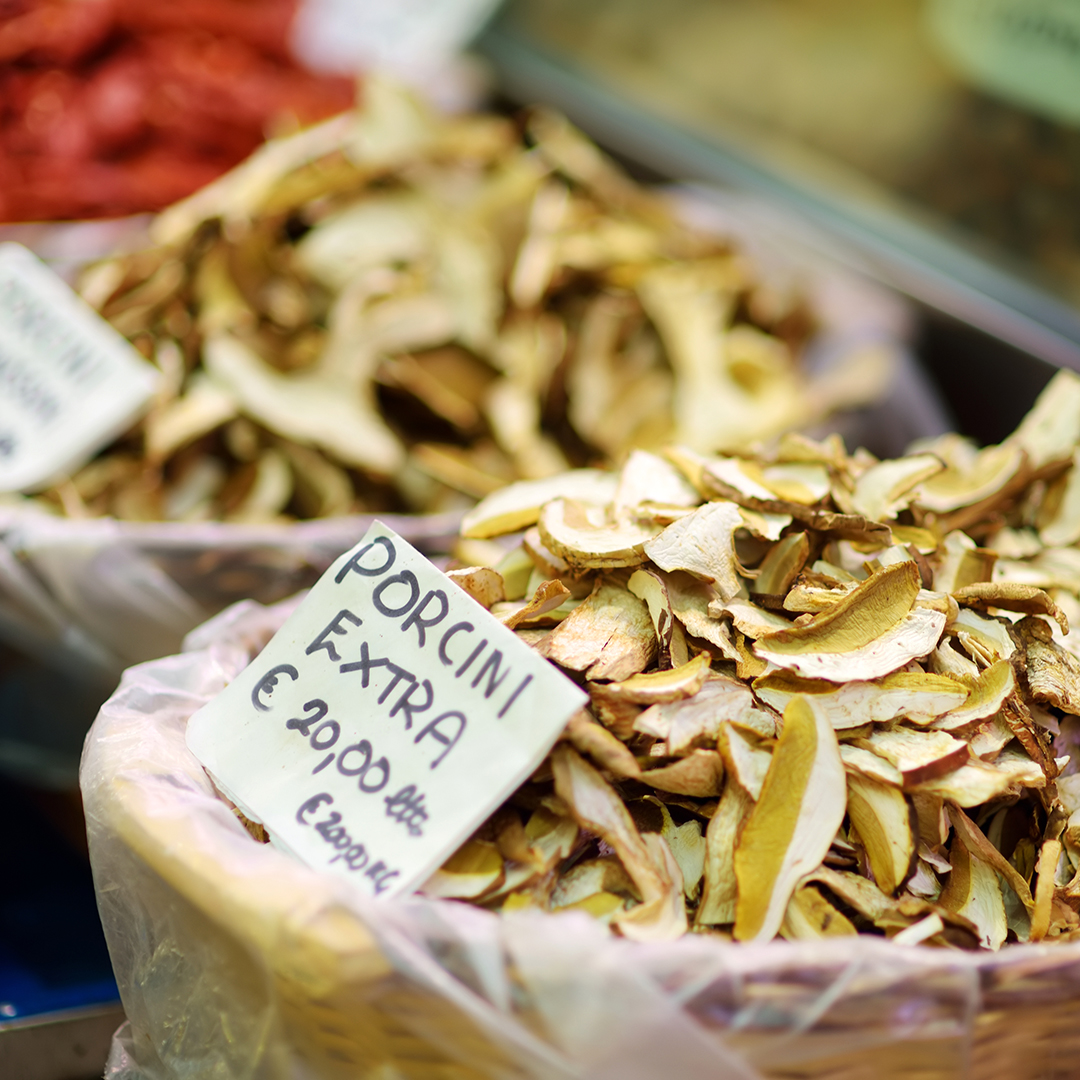 Dried porcini mushrooms sold on a marketplace in Genoa, Liguria, Italy