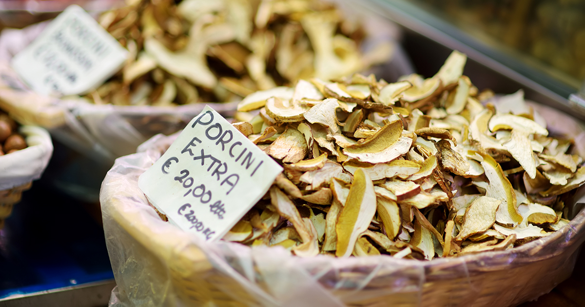 Dried porcini mushrooms sold on a marketplace in Genoa, Liguria, Italy